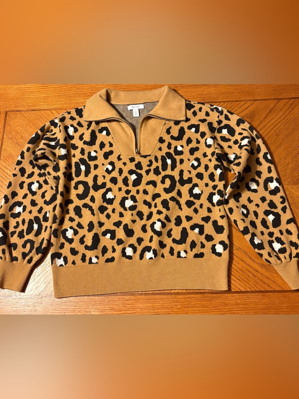 Nine West Leopard Print Quarter-Zip Sweater in Camel and Black small